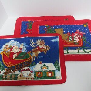 Vintage Place Mats Red Quilted Teddy Bear Christmas Decor Table Mats Set 3 Rare